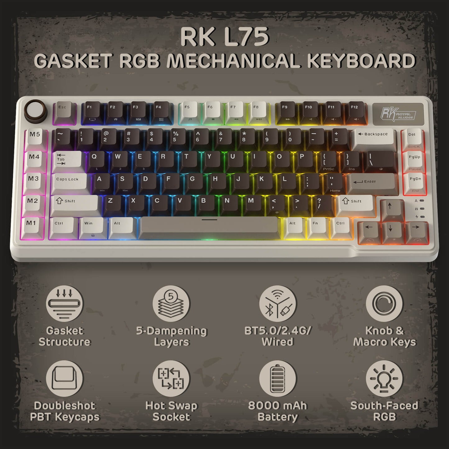 RK ROYAL KLUDGE L75 Gasket Mount Mechanical Keyboard w/Knob /Macro Keys & Touchable Nameplate, Tri-Mode 75% TKL Wireless Keyboard BT/2.4G/USB-C, Hot Swappable, Pro Software, Massive 8000mAh Battery
