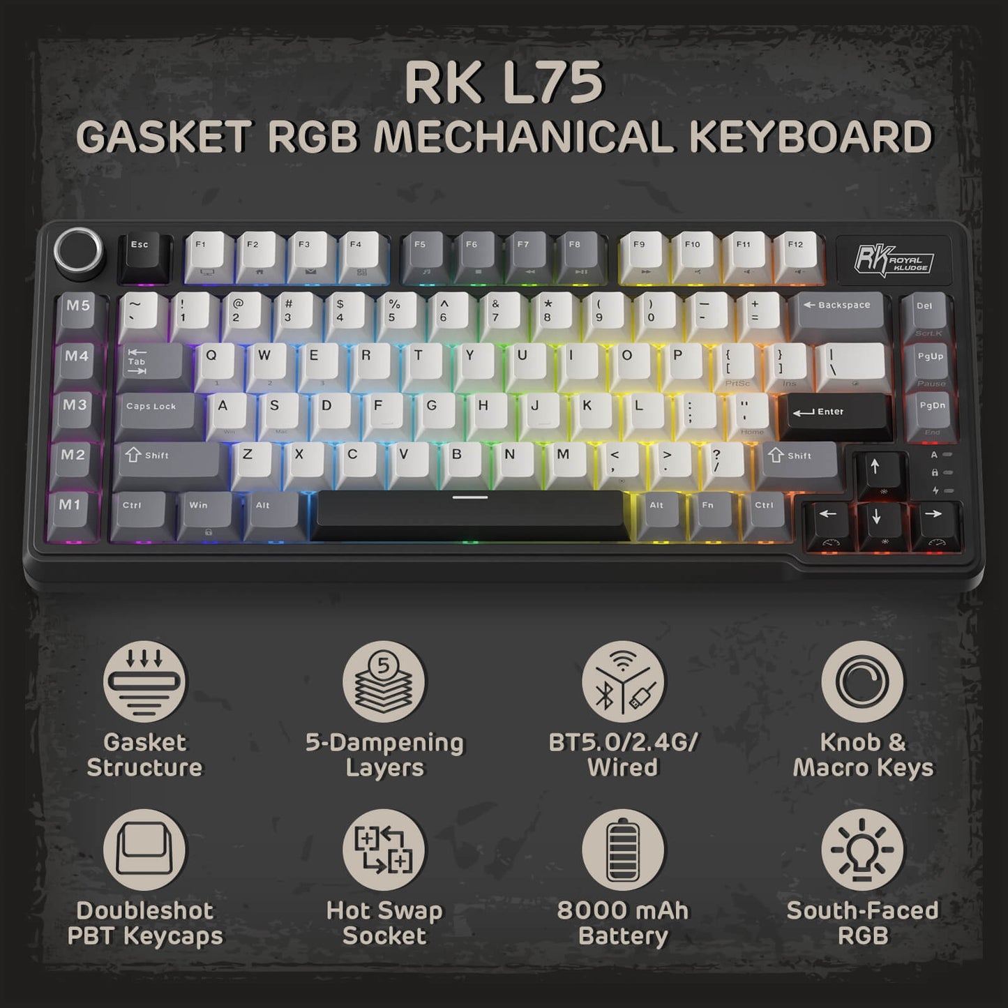 RK ROYAL KLUDGE L75 Gasket Mount Mechanical Keyboard w/Knob /Macro Keys & Touchable Nameplate, Tri-Mode 75% TKL Wireless Keyboard BT/2.4G/USB-C, Hot Swappable, Pro Software, Massive 8000mAh Battery