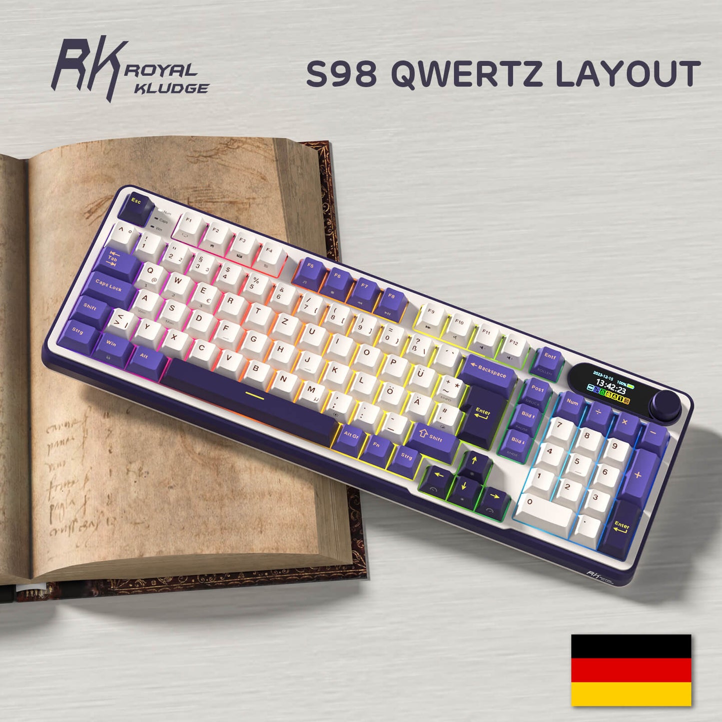 RK ROYAL KLUDGE S98 Mechanische Tastatur mit Smart Display & Knopf, Top Mount 96% Kabellose Mechanische Tastatur BT/2.4G/USB-C, Hot-Swap-fähige, Software-Unterstützung, Massiver Akku, 98 Tasten