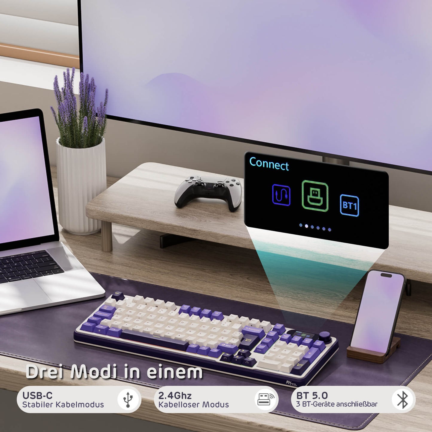 RK ROYAL KLUDGE S98 Mechanische Tastatur mit Smart Display & Knopf, Top Mount 96% Kabellose Mechanische Tastatur BT/2.4G/USB-C, Hot-Swap-fähige, Software-Unterstützung, Massiver Akku, 98 Tasten