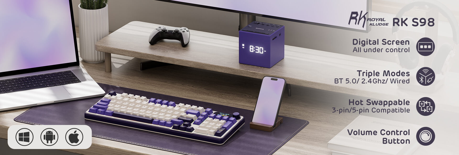 Royal Kludge S98 96% Wireless Mechanical keyboard Clay Green highlighting features such as triple connectivity modes (BT 5.0, 2.4GHz, wired), hot-swappable switches, and a volume control button