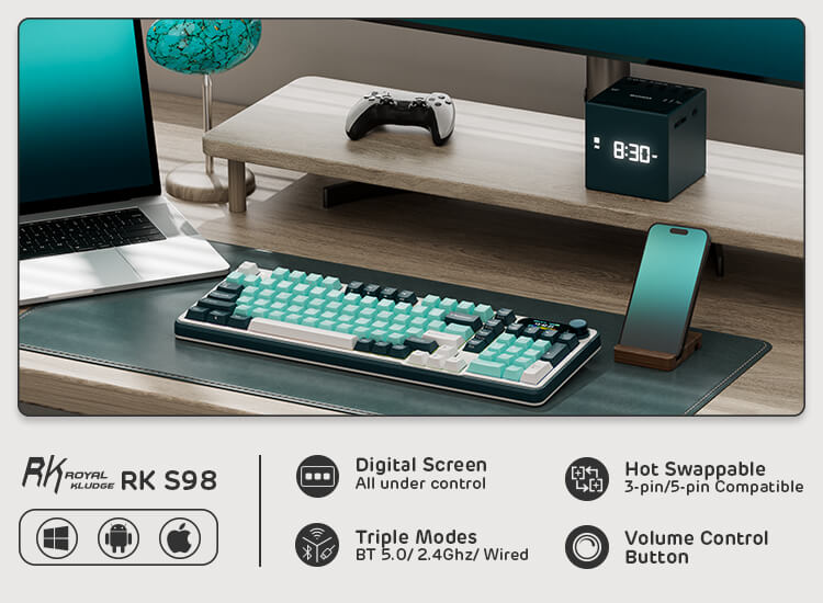 Royal Kludge S98 96% Wireless Mechanical keyboard Lavender Purple highlighting features such as triple connectivity modes (BT 5.0, 2.4GHz, wired), hot-swappable switches, and a volume control button