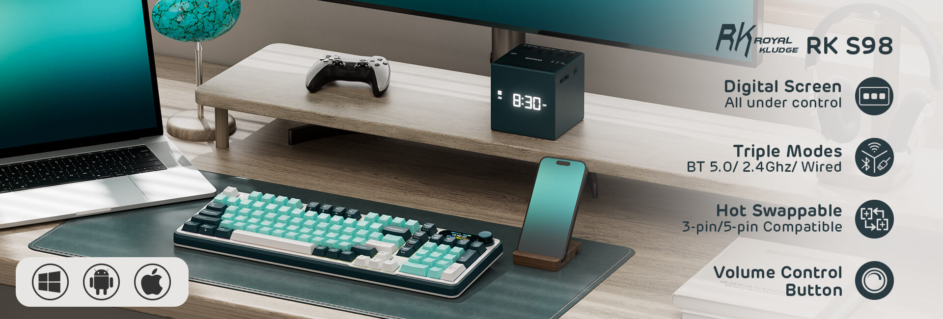 Royal Kludge S98 96% Wireless Mechanical keyboard Lavender Purple highlighting features such as triple connectivity modes (BT 5.0, 2.4GHz, wired), hot-swappable switches, and a volume control button