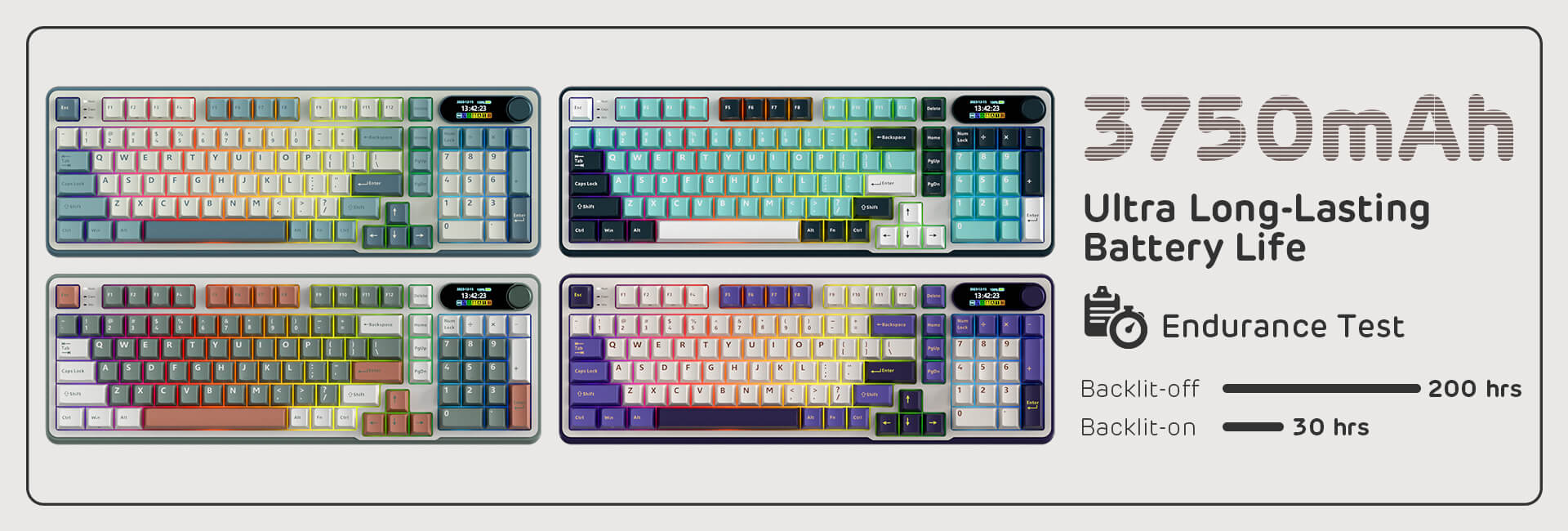 Display of four Royal Kludge S98 keyboards with varying color designs, emphasizing the 3750mAh ultra long-lasting battery life, featuring endurance test results for backlit-off (200 hours) and backlit-on (30 hours) usage