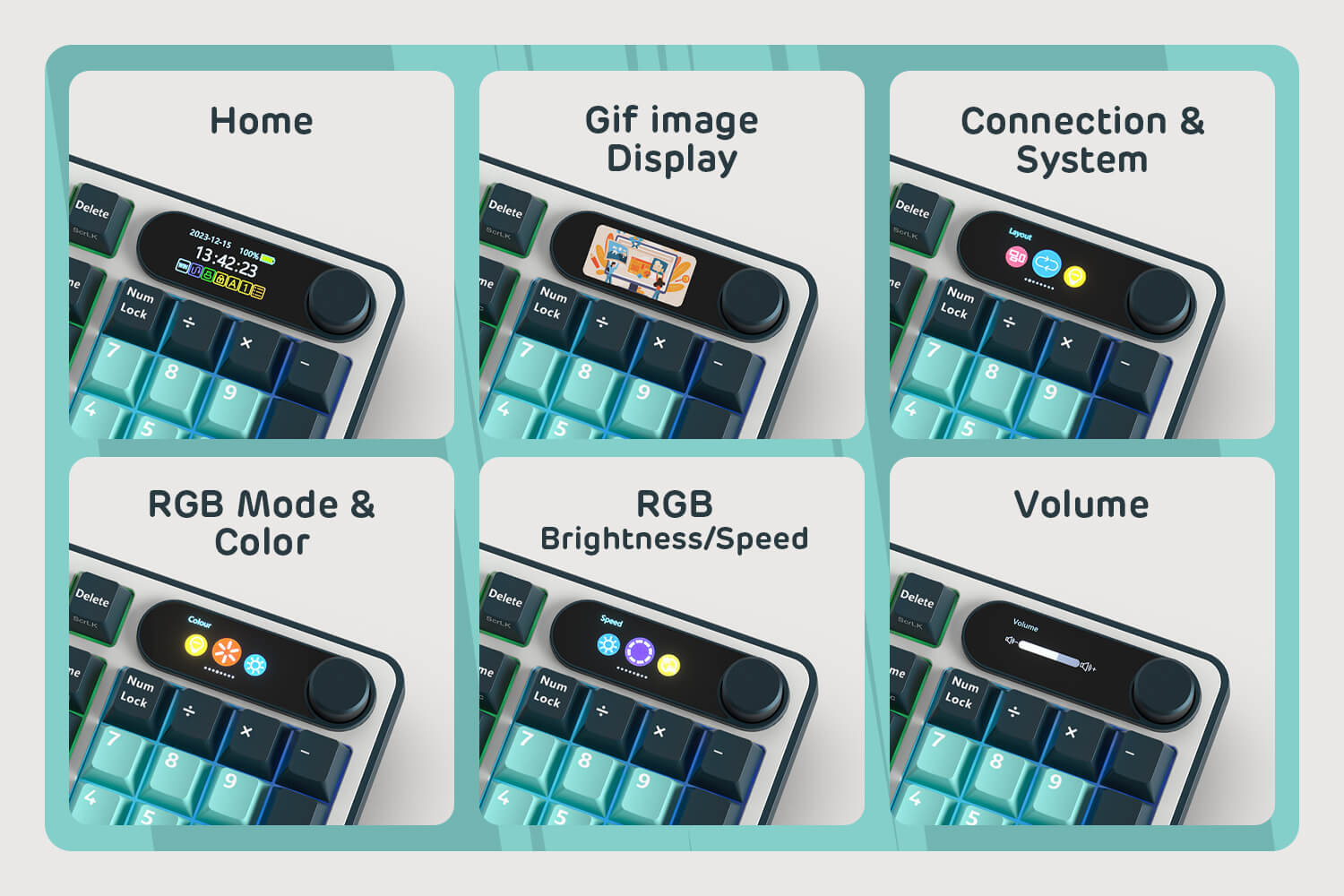 Close-up view of the RK ROYAL KLUDGE S98 Wireless Hot-Swappable RGB Keyboard in Turquoise Green with number pad, showcasing the RGB backlit keys and volume knob for media control