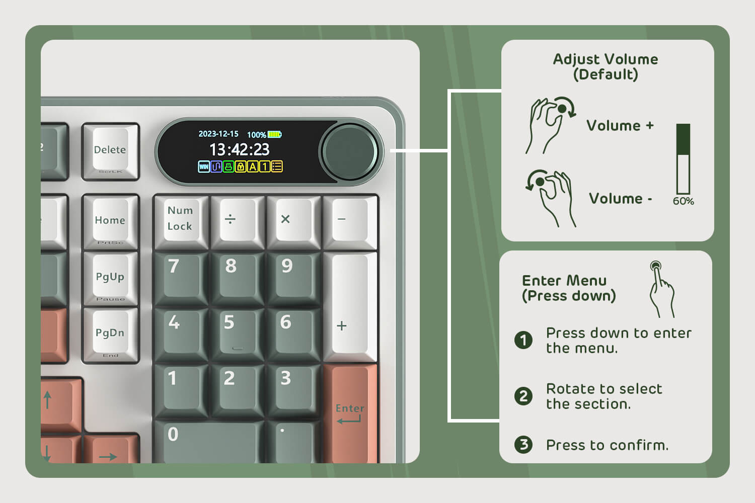 Overview of the CNC knob control button on the Royal Kludge S98 keyboard Clay Green, illustrating volume adjustment and menu navigation features with clear instructions for use