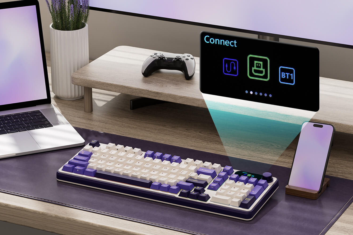 S98 96% Wireless Mechanical Keyboard with RGB backlighting and hot-swappable keys, featuring Bluetooth, 2.4GHz wireless, and USB-C wired connectivity options