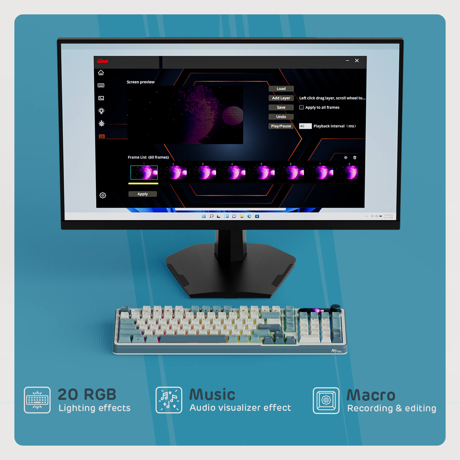 Screenshot of professional software support for the Royal Kludge S98 keyboard, showcasing features like 20 RGB lighting effects, music visualizer, and macro recording options