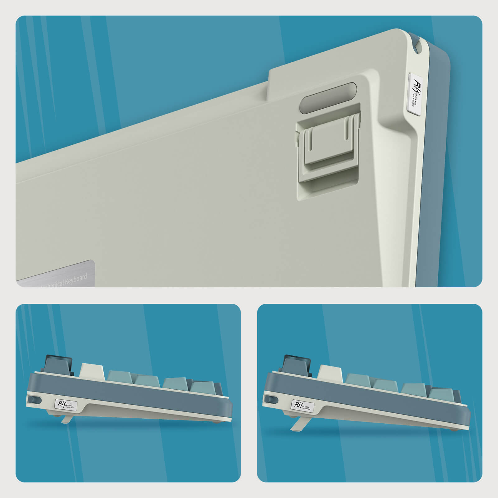 Detail of the Royal Kludge S98 keyboard showing its 2-stage adjustable feet for customizable typing angles
