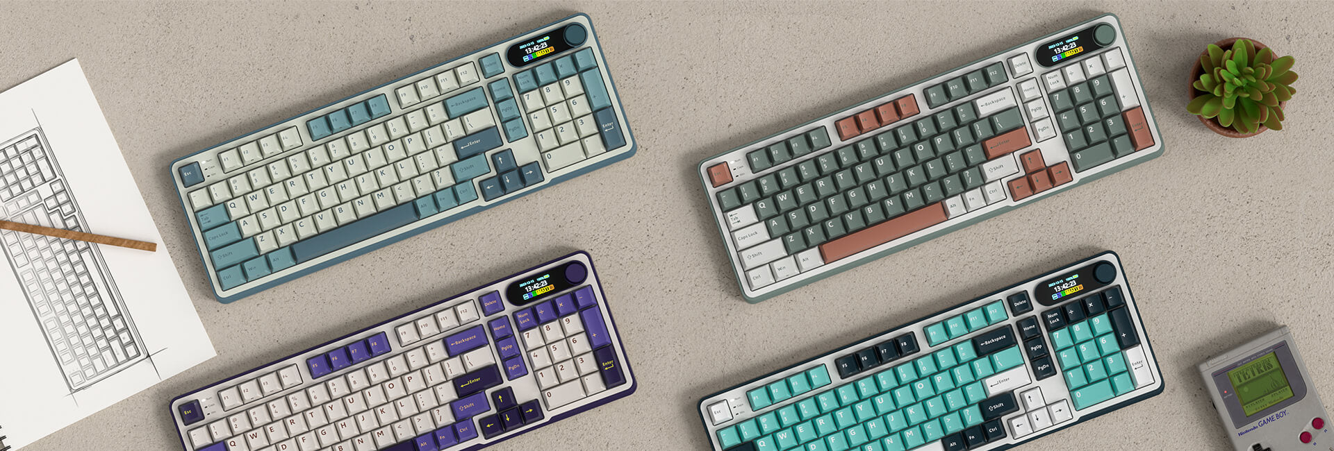 Variety of Royal Kludge S98 keyboards in different color schemes arranged on a desk, showcasing their stylish designs and features alongside a sketch and decorative plant