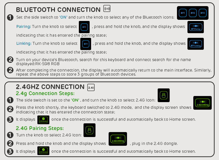 Instructions for connecting the Royal Kludge S98 keyboard via Bluetooth and 2.4GHz, outlining the steps for pairing and linking, with visual indicators for each connection state