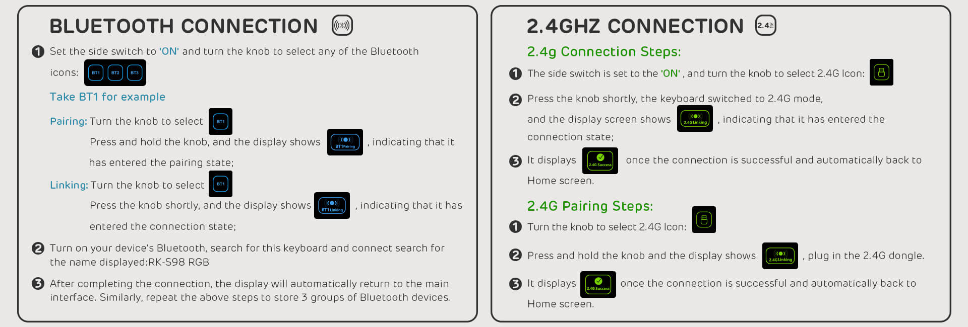 Instructions for connecting the Royal Kludge S98 keyboard via Bluetooth and 2.4GHz, outlining the steps for pairing and linking, with visual indicators for each connection state