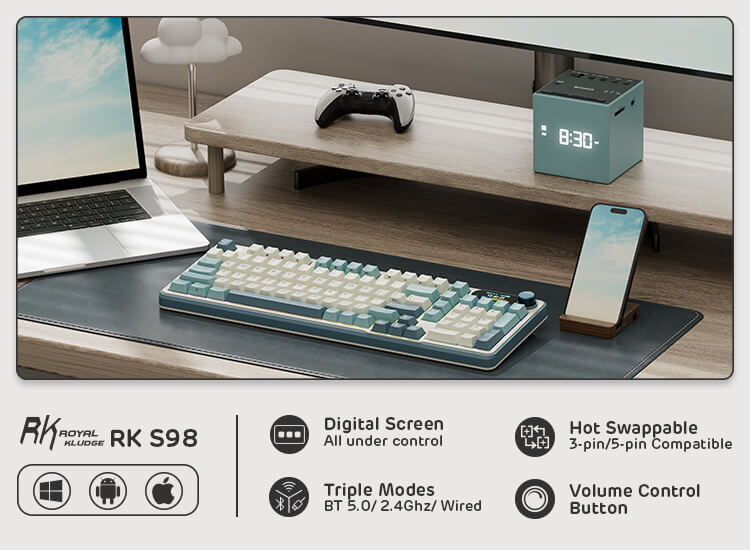 Turquoise Green Royal Kludge S98 96% Wireless Mechanical keyboard highlighting features such as triple connectivity modes (BT 5.0, 2.4GHz, wired), hot-swappable switches, and a volume control button