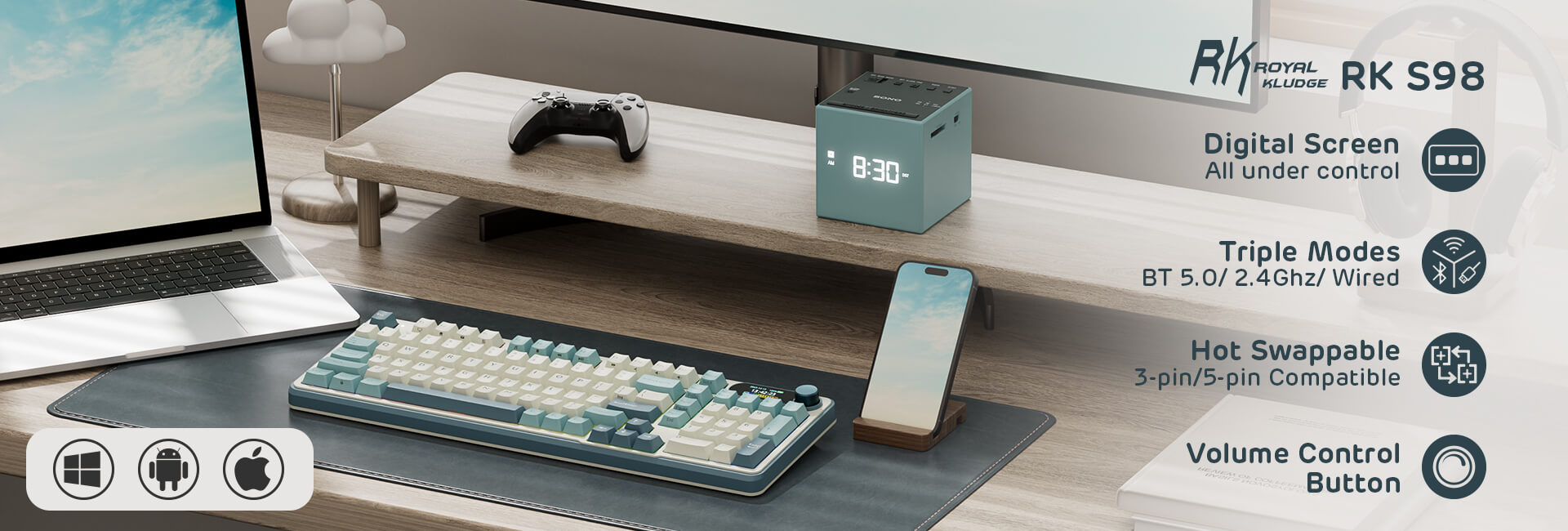 Royal Kludge S98 96% Wireless Mechanical keyboard Turquoise Green highlighting features such as triple connectivity modes (BT 5.0, 2.4GHz, wired), hot-swappable switches, and a volume control button