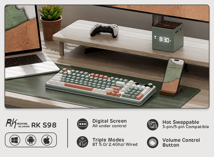 Royal Kludge S98 96% Wireless Mechanical keyboard Sky Blue highlighting features such as triple connectivity modes (BT 5.0, 2.4GHz, wired), hot-swappable switches, and a volume control button