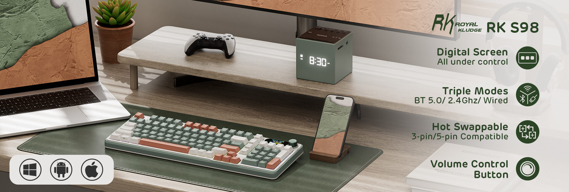Royal Kludge S98 96% Wireless Mechanical keyboard Sky Blue highlighting features such as triple connectivity modes (BT 5.0, 2.4GHz, wired), hot-swappable switches, and a volume control button