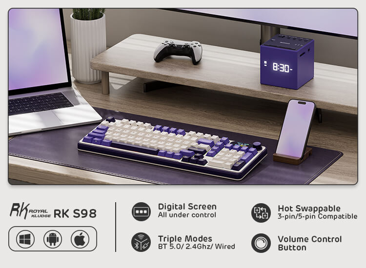 Royal Kludge S98 96% Wireless Mechanical keyboard Clay Green highlighting features such as triple connectivity modes (BT 5.0, 2.4GHz, wired), hot-swappable switches, and a volume control button