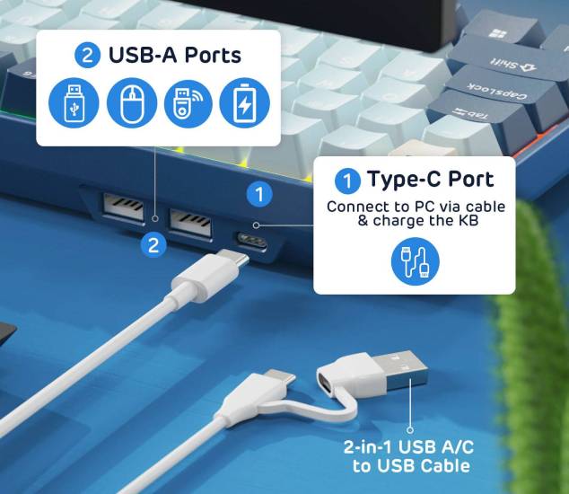 Rear interface of the RK96 keyboard showing one Type-C port and two USB-A ports, highlighting its flexible connectivity for both modern and legacy devices.