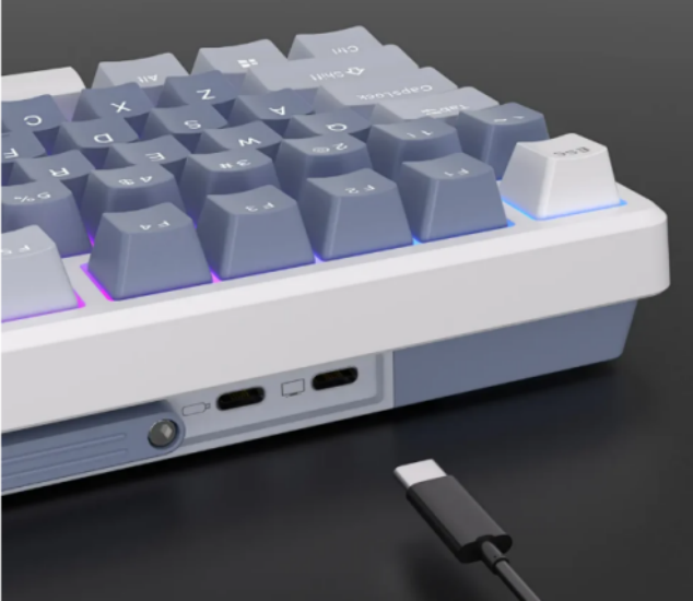 Close-up view of the RK M75 keyboard’s dual Type-C ports, showcasing its sleek and modern interface designed for charging and data connectivity