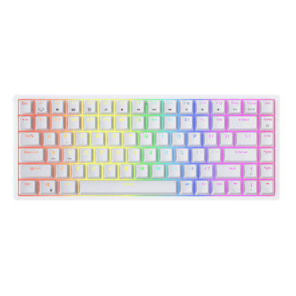 RK Royal Kludge RK84 wireless keyboard highlighting its 3750 mAh battery with features for fast charging (6-7 hours) and long-lasting use (up to 200 hours), displayed with RGB light