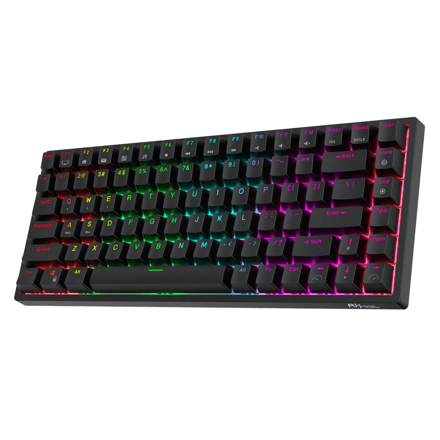 RK Royal Kludge RK84 wireless keyboard highlighting its 3750 mAh battery with features for fast charging (6-7 hours) and long-lasting use (up to 200 hours), displayed with RGB light