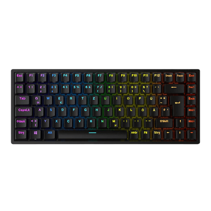 RK Royal Kludge RK84 wireless keyboard highlighting its 3750 mAh battery with features for fast charging (6-7 hours) and long-lasting use (up to 200 hours), displayed with RGB light