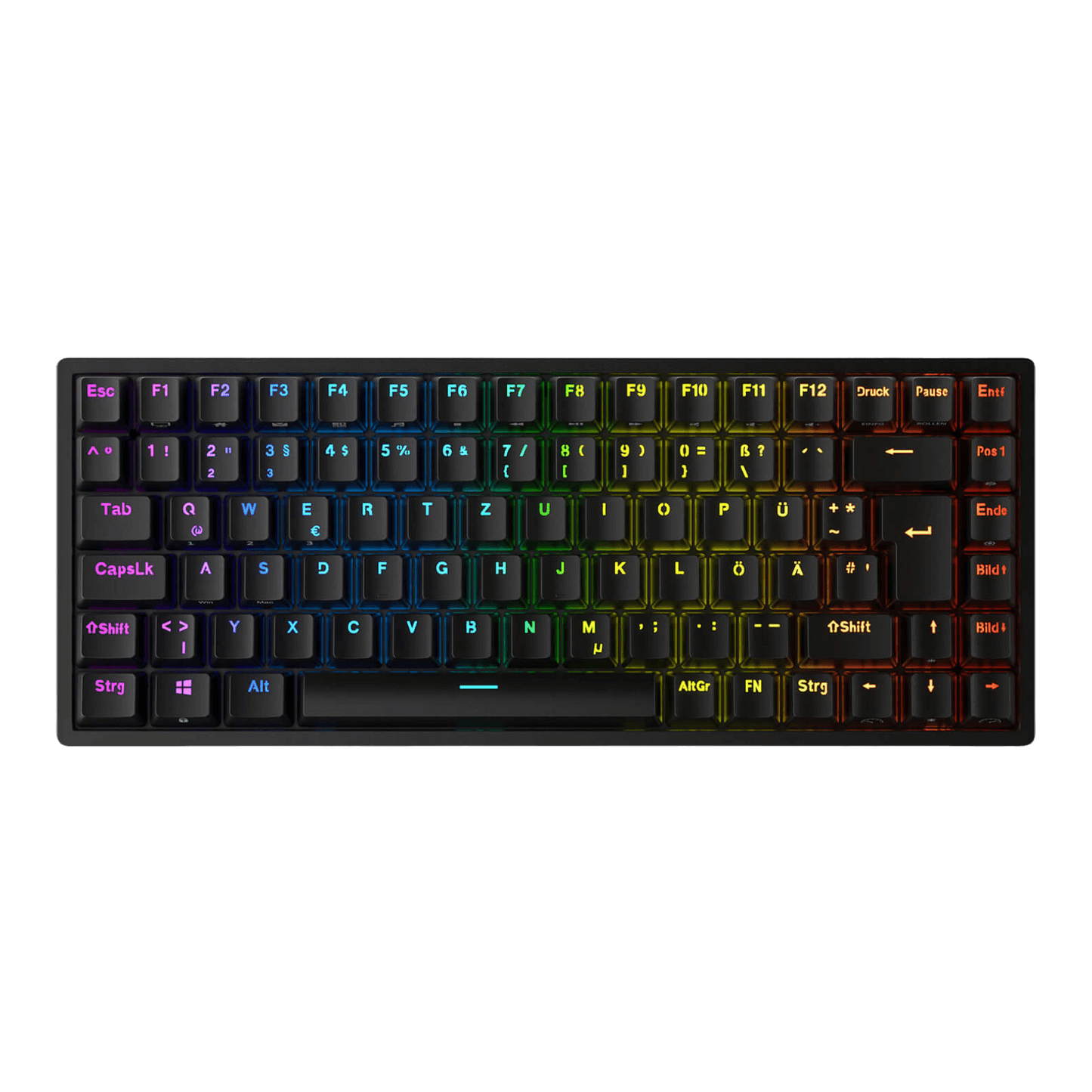 RK Royal Kludge RK84 wireless keyboard highlighting its 3750 mAh battery with features for fast charging (6-7 hours) and long-lasting use (up to 200 hours), displayed with RGB light