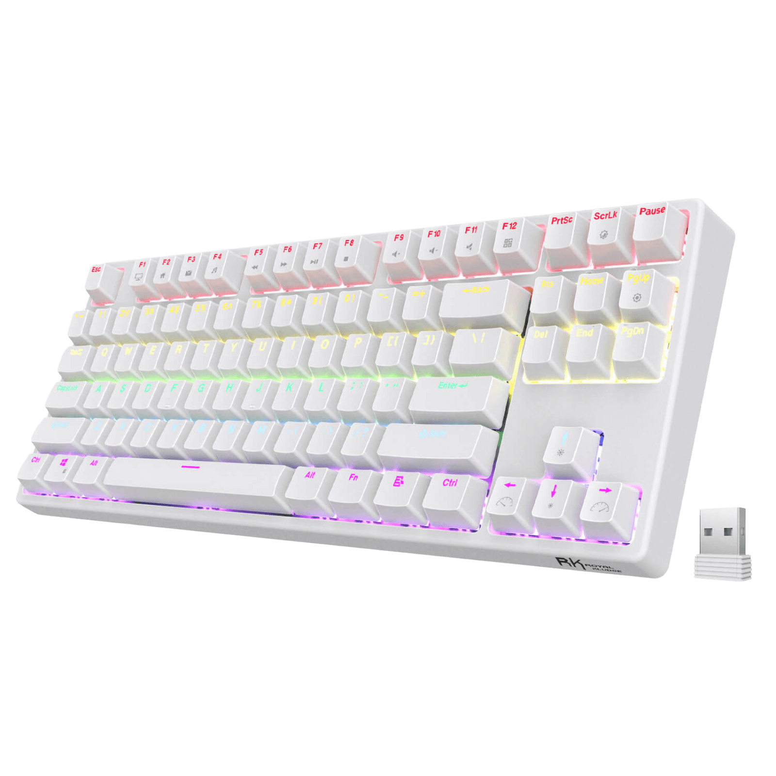 White RK87 87keys Tenkeyless TKL Wireless Mechanical Gaming Keyboard Front View with RGB Backlighting