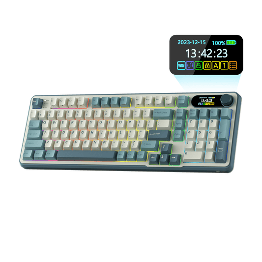 Close-up view of the RK ROYAL KLUDGE S98 Wireless Hot-Swappable RGB Keyboard in Lavender Purple with number pad, showcasing the RGB backlit keys and volume knob for media control